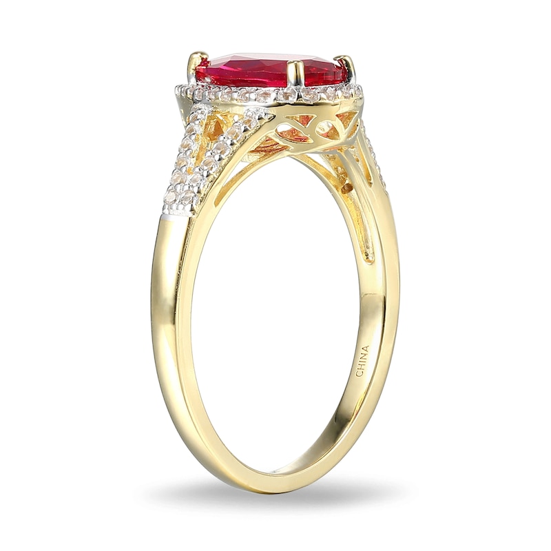 Main Image 2 of Pear-Shaped Lab-Created Ruby and White Sapphire Ring in Sterling Silver with 18K Gold Plate