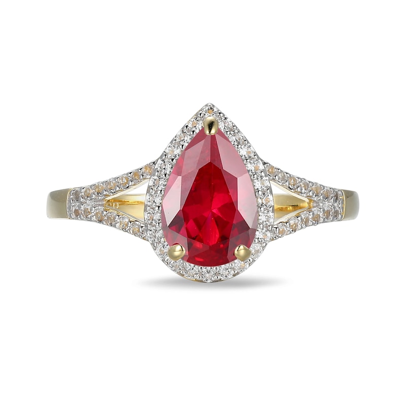 Main Image 3 of Pear-Shaped Lab-Created Ruby and White Sapphire Ring in Sterling Silver with 18K Gold Plate