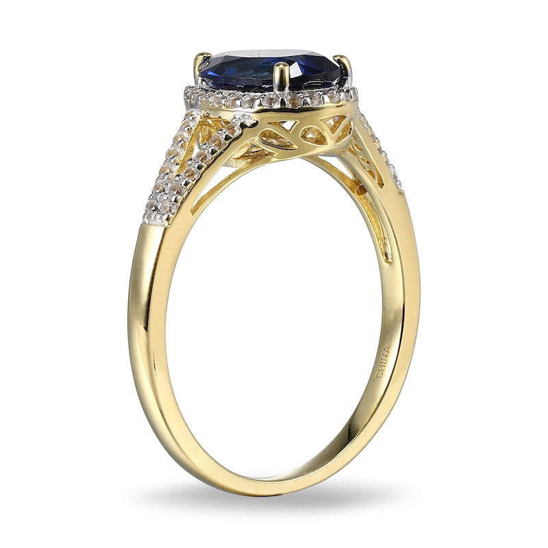 Main Image 2 of Pear-Shaped Lab-Created Blue and White Sapphire Frame Ring in Sterling Silver with 18K Gold Plate