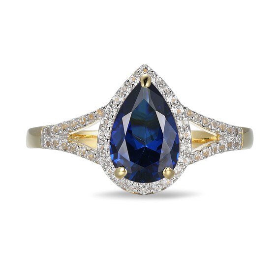 Pear-Shaped Lab-Created Blue and White Sapphire Frame Ring in Sterling Silver with 18K Gold Plate