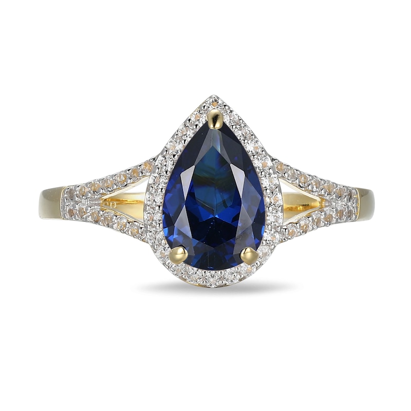 Main Image 3 of Pear-Shaped Lab-Created Blue and White Sapphire Frame Ring in Sterling Silver with 18K Gold Plate