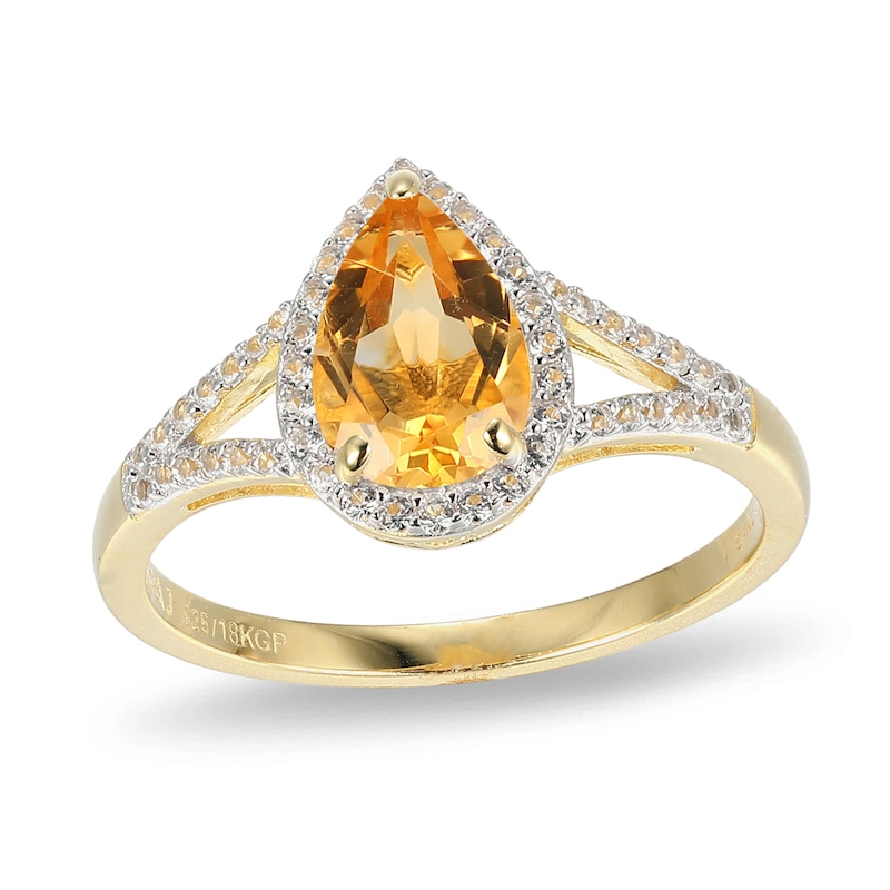 Pear-Shaped Citrine and Lab-Created White Sapphire Frame Ring in Sterling Silver with 18K Gold Plate