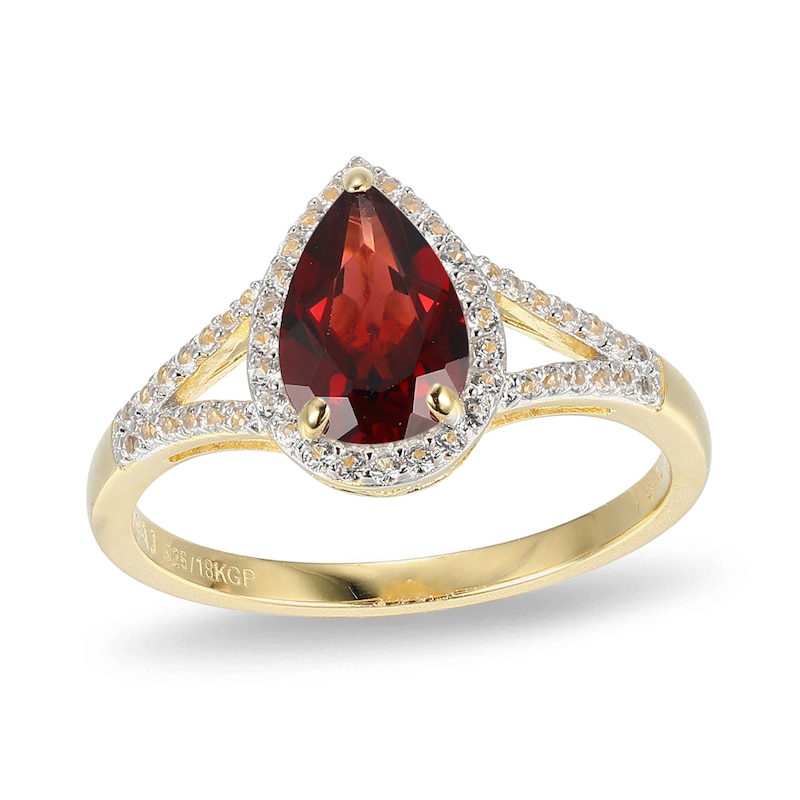 Main Image 1 of Pear-Shaped Garnet and Lab-Created White Sapphire Frame Ring in Sterling Silver with 18K Gold Plate