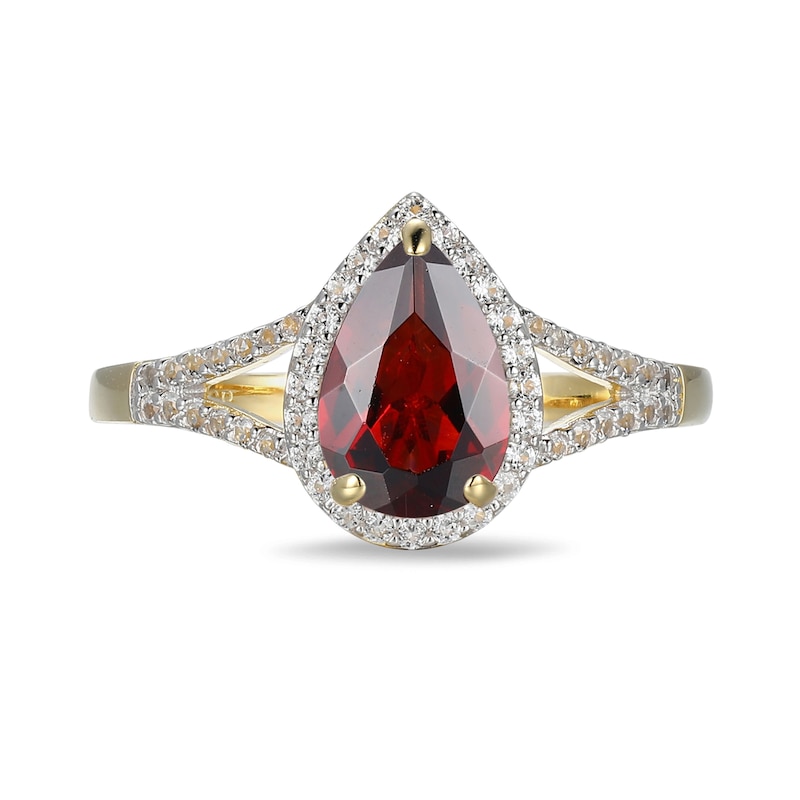 Main Image 3 of Pear-Shaped Garnet and Lab-Created White Sapphire Frame Ring in Sterling Silver with 18K Gold Plate