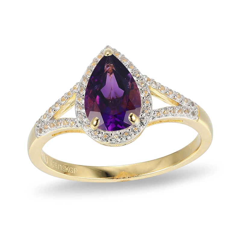 Main Image 1 of Pear-Shaped Amethyst and White Lab-Created Sapphire Frame Ring in Sterling Silver with 18K Gold Plate