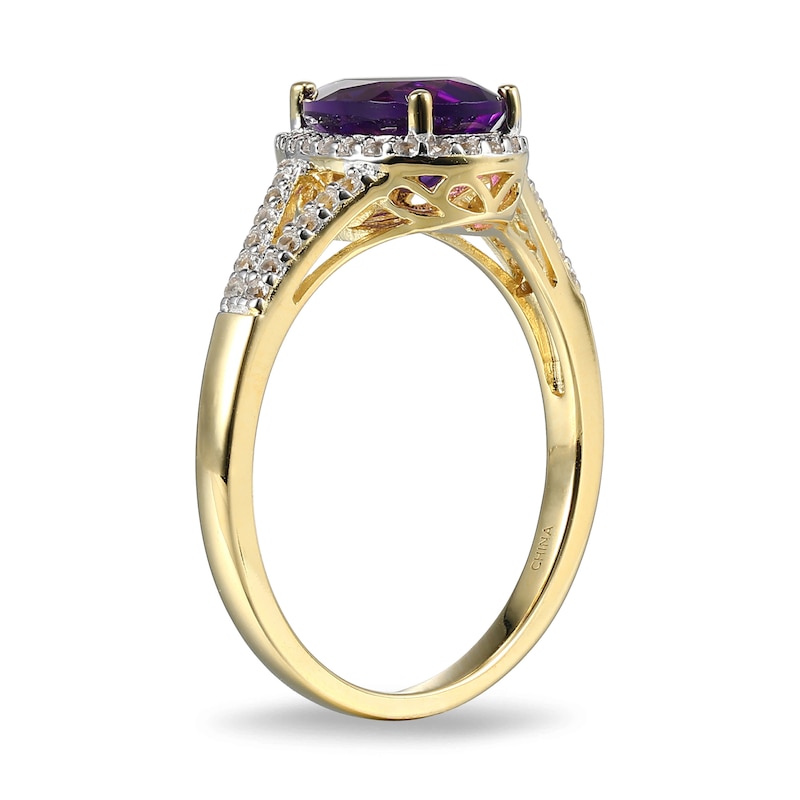 Main Image 2 of Pear-Shaped Amethyst and White Lab-Created Sapphire Frame Ring in Sterling Silver with 18K Gold Plate