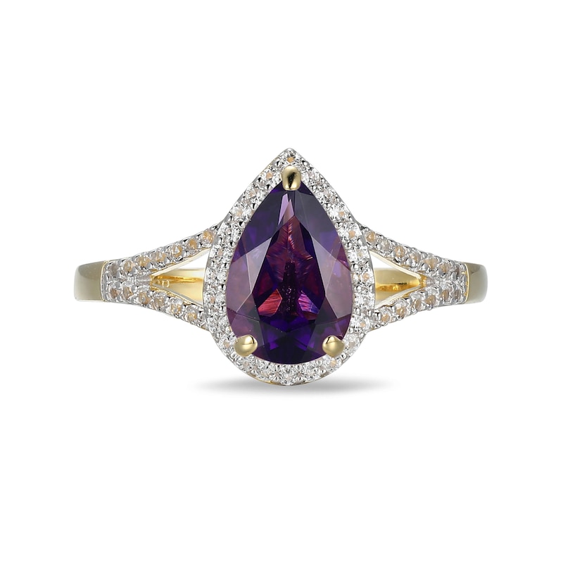Main Image 3 of Pear-Shaped Amethyst and White Lab-Created Sapphire Frame Ring in Sterling Silver with 18K Gold Plate