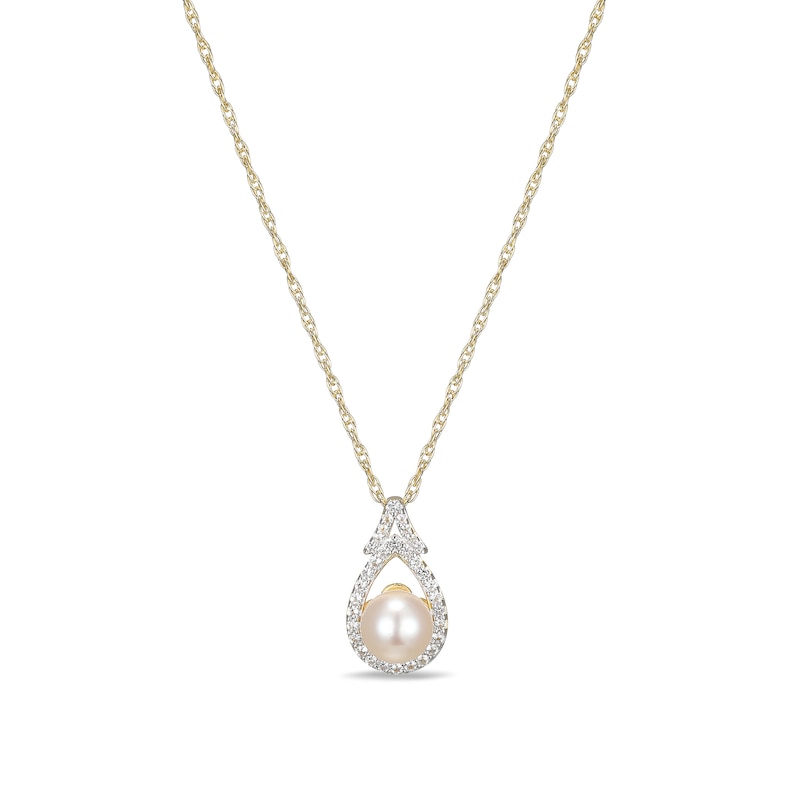 Main Image 1 of 5.5-6.0mm Freshwater Cultured Pearl and White Lab-Created Sapphire Frame Pendant in Sterling Silver with 18K Gold Plate