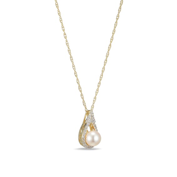 5.5-6.0mm Freshwater Cultured Pearl and White Lab-Created Sapphire Frame Pendant in Sterling Silver with 18K Gold Plate
