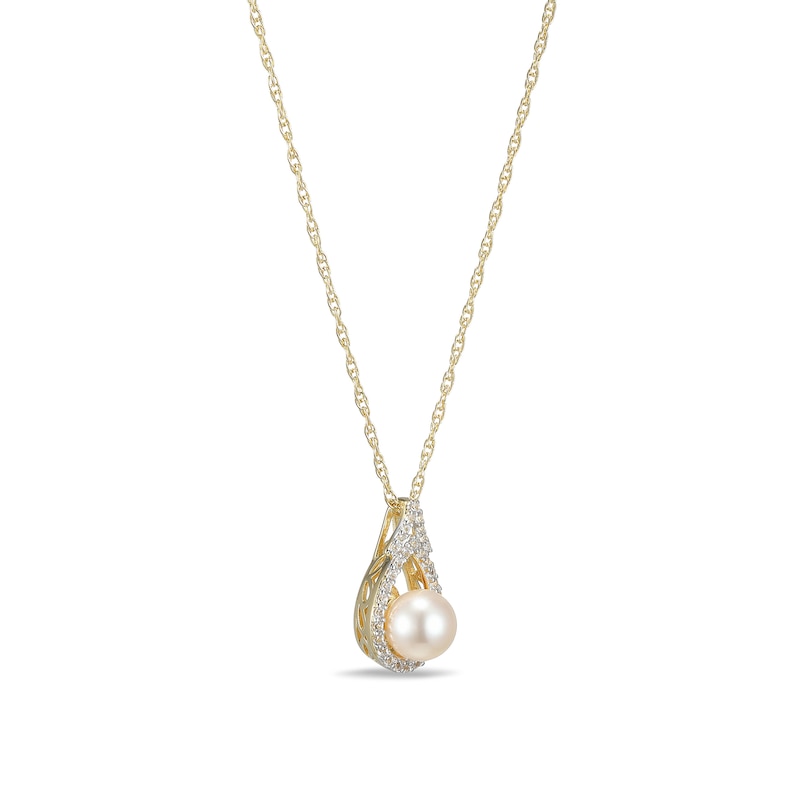 Main Image 2 of 5.5-6.0mm Freshwater Cultured Pearl and White Lab-Created Sapphire Frame Pendant in Sterling Silver with 18K Gold Plate