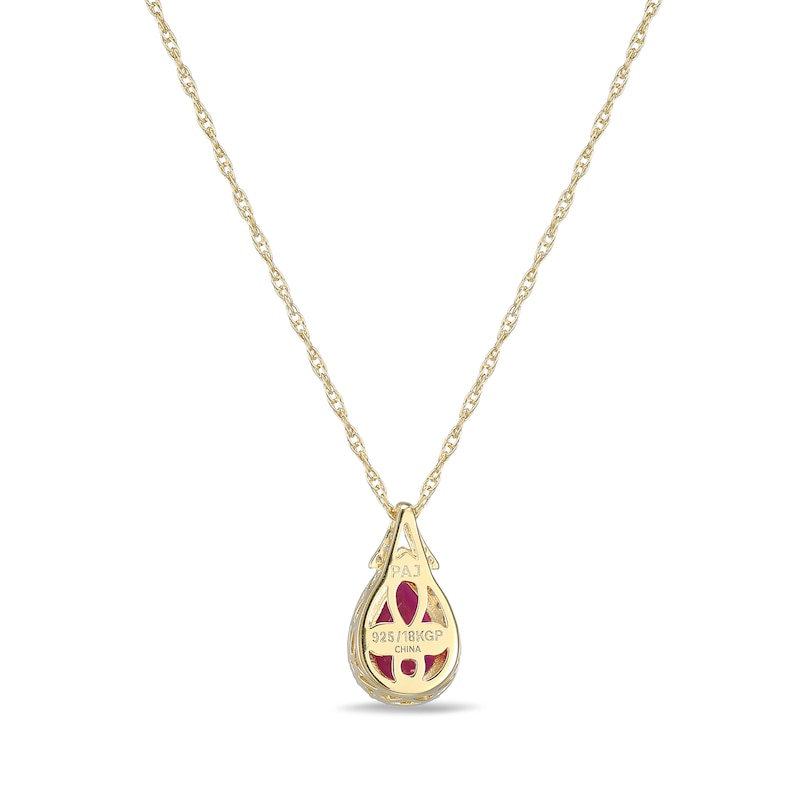 Main Image 4 of Pear-Shaped Lab-Created Ruby and White Sapphire Frame Pendant in Sterling Silver with 18K Gold Plate