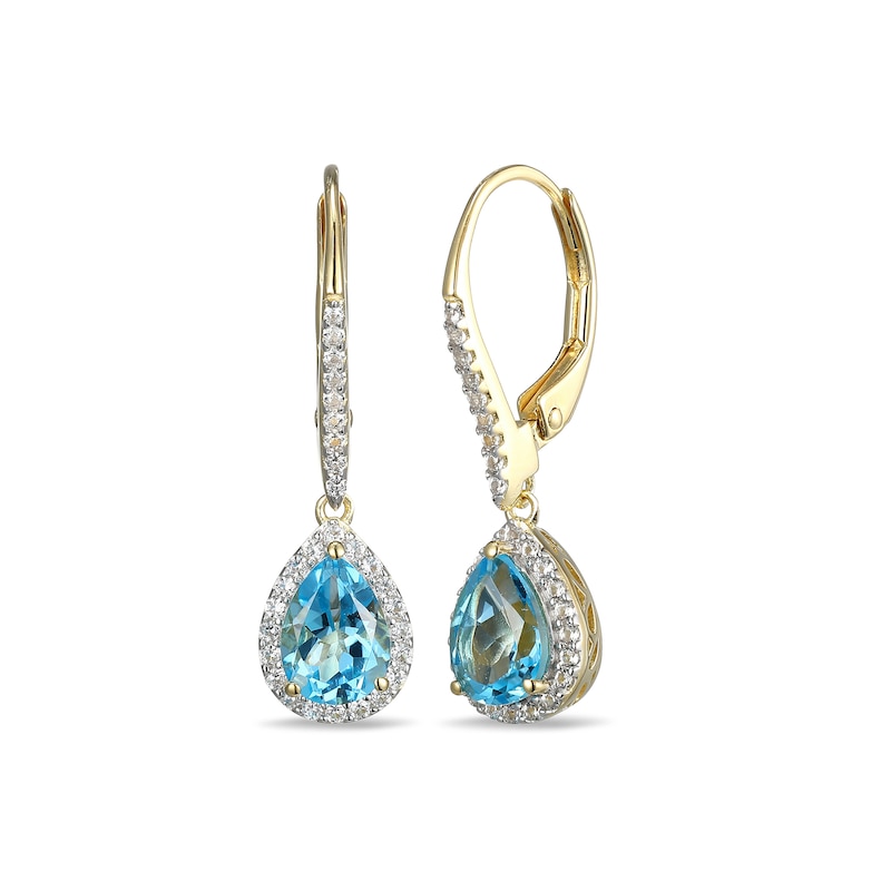 Main Image 1 of Pear-Shaped Swiss Blue Topaz and White Lab-Created Sapphire Frame Drop Earrings in Sterling Silver with 18K Gold Plate