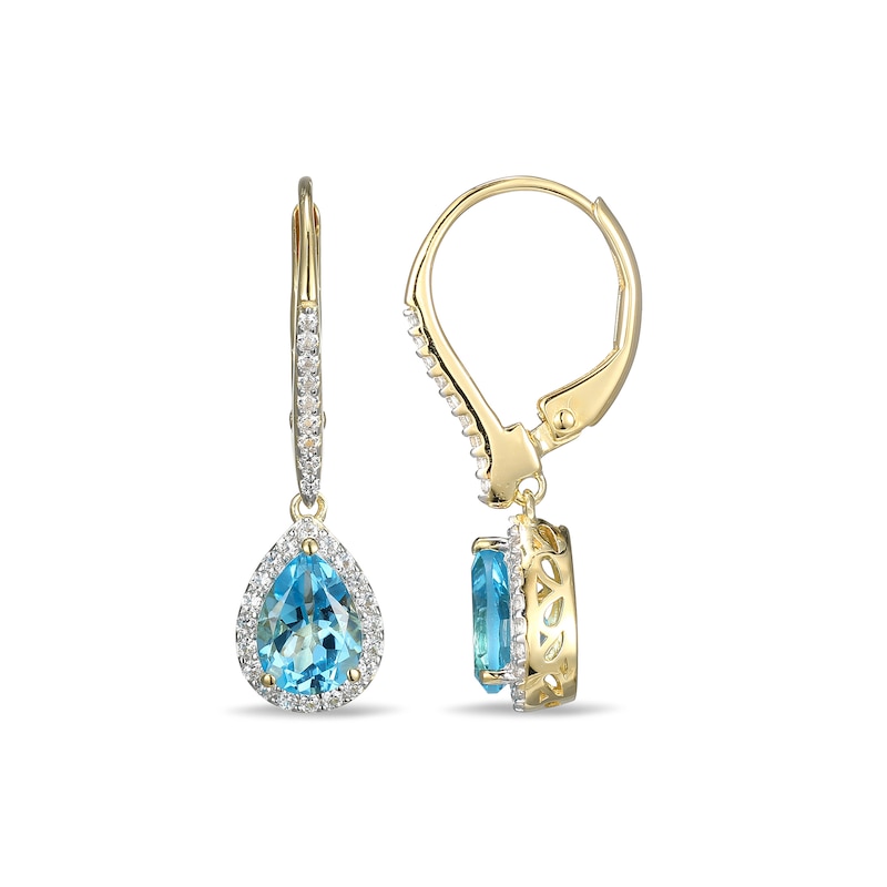 Main Image 2 of Pear-Shaped Swiss Blue Topaz and White Lab-Created Sapphire Frame Drop Earrings in Sterling Silver with 18K Gold Plate