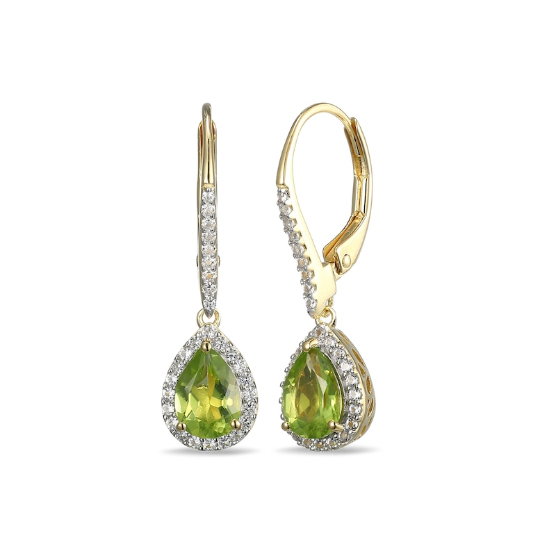 Main Image 1 of Pear-Shaped Peridot and White Lab-Created Sapphire Frame Drop Earrings in Sterling Silver with 18K Gold Plate