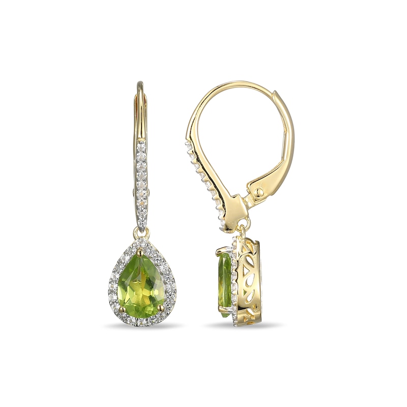 Main Image 2 of Pear-Shaped Peridot and White Lab-Created Sapphire Frame Drop Earrings in Sterling Silver with 18K Gold Plate