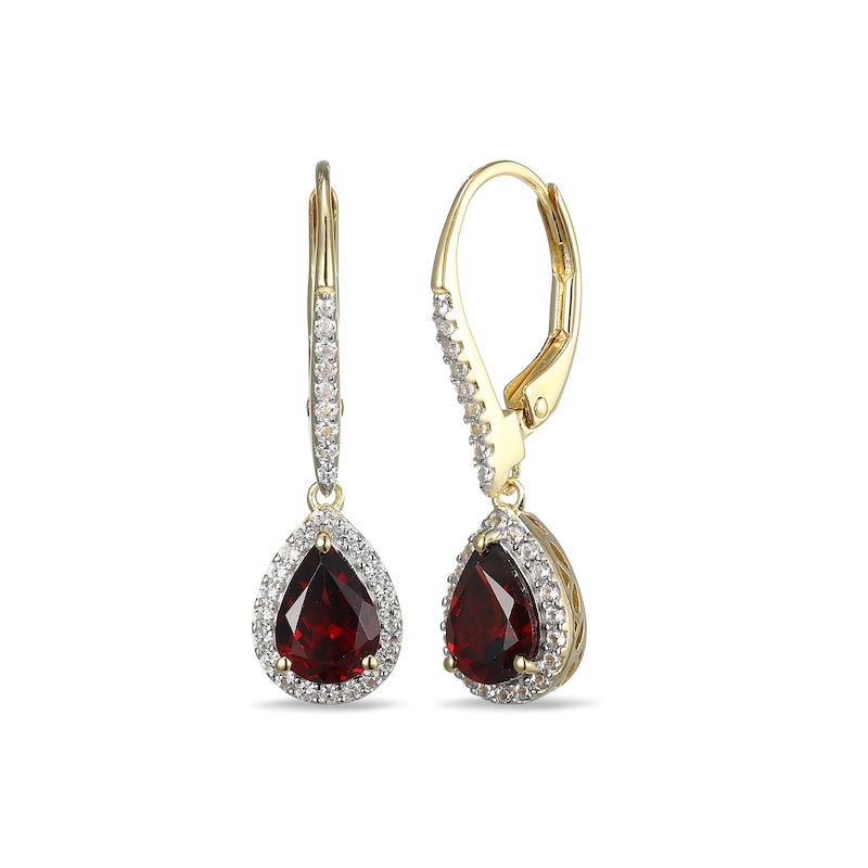 Main Image 1 of Pear-Shaped Garnet and White Lab-Created Sapphire Frame Drop Earrings in Sterling Silver with 18K Gold Plate