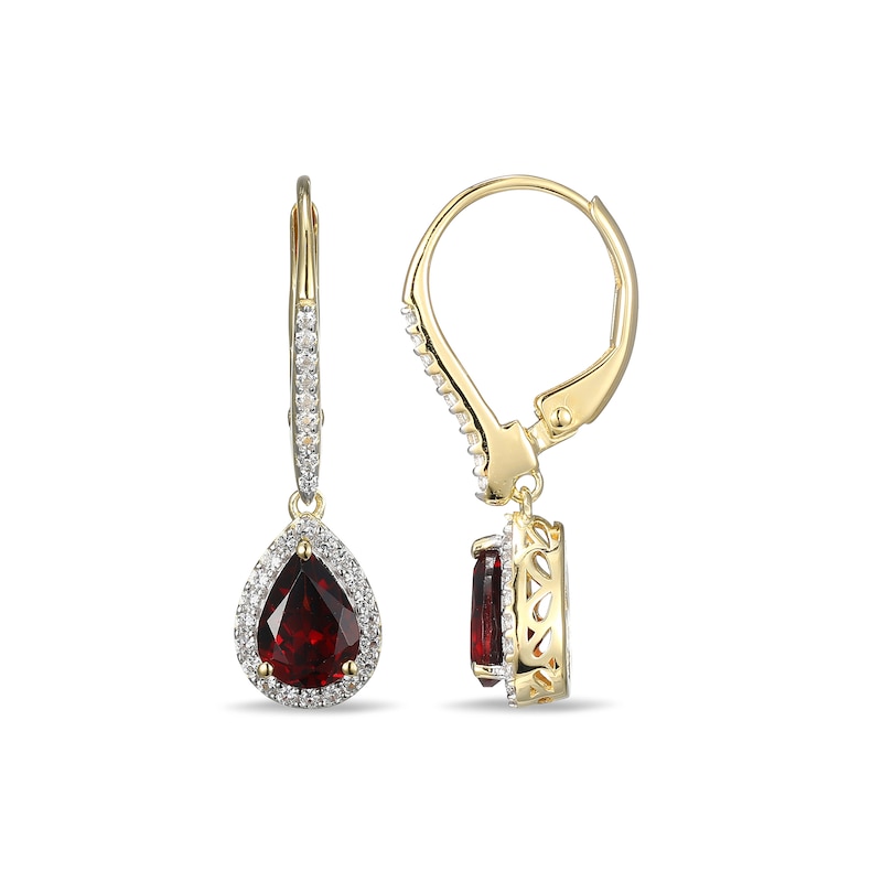 Main Image 2 of Pear-Shaped Garnet and White Lab-Created Sapphire Frame Drop Earrings in Sterling Silver with 18K Gold Plate