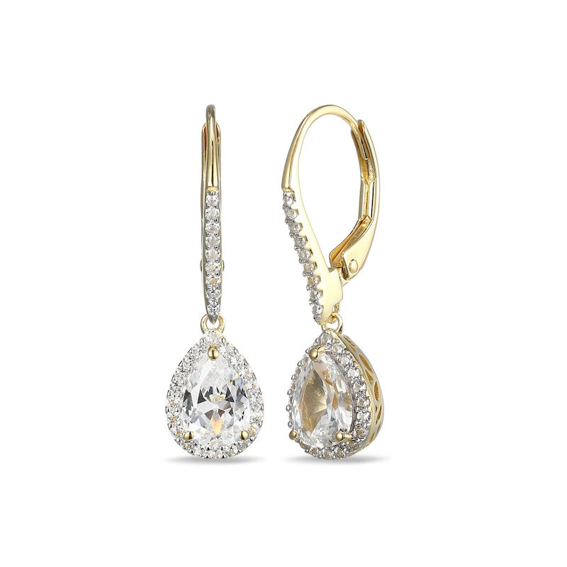 Main Image 1 of Pear-Shaped White Lab-Created Sapphire Frame Drop Earrings in Sterling Silver with 18K Gold Plate