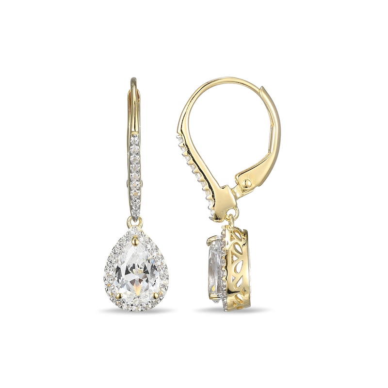 Main Image 2 of Pear-Shaped White Lab-Created Sapphire Frame Drop Earrings in Sterling Silver with 18K Gold Plate