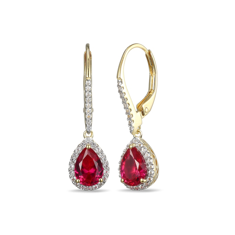 Main Image 1 of Pear-Shaped Lab-Created Ruby and White Sapphire Frame Drop Earrings in Sterling Silver with 18K Gold Plate