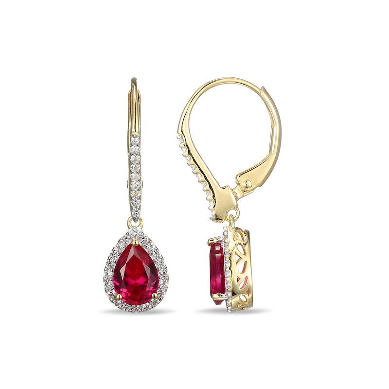 Main Image 2 of Pear-Shaped Lab-Created Ruby and White Sapphire Frame Drop Earrings in Sterling Silver with 18K Gold Plate