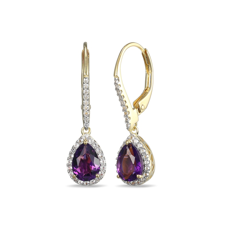 Main Image 1 of Pear-Shaped Amethyst and White Lab-Created Sapphire Frame Drop Earrings in Sterling Silver with 18K Gold Plate