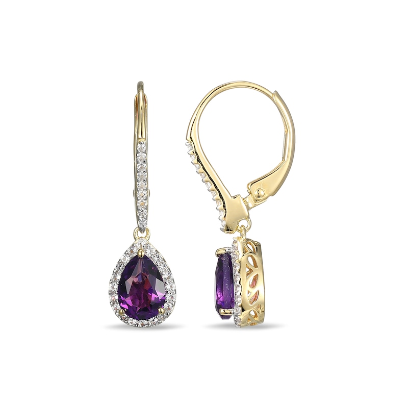 Main Image 2 of Pear-Shaped Amethyst and White Lab-Created Sapphire Frame Drop Earrings in Sterling Silver with 18K Gold Plate