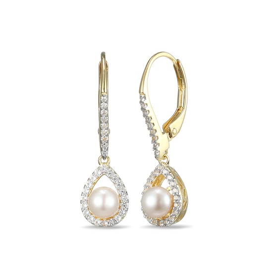 4.5-5.0mm Freshwater Cultured Pearl and White Lab-Created Sapphire Frame Drop Earrings in Sterling Silver with 18K Gold Plate