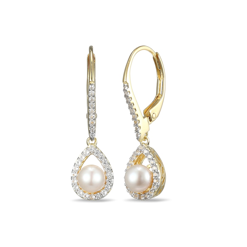 Main Image 1 of 4.5-5.0mm Freshwater Cultured Pearl and White Lab-Created Sapphire Frame Drop Earrings in Sterling Silver with 18K Gold Plate