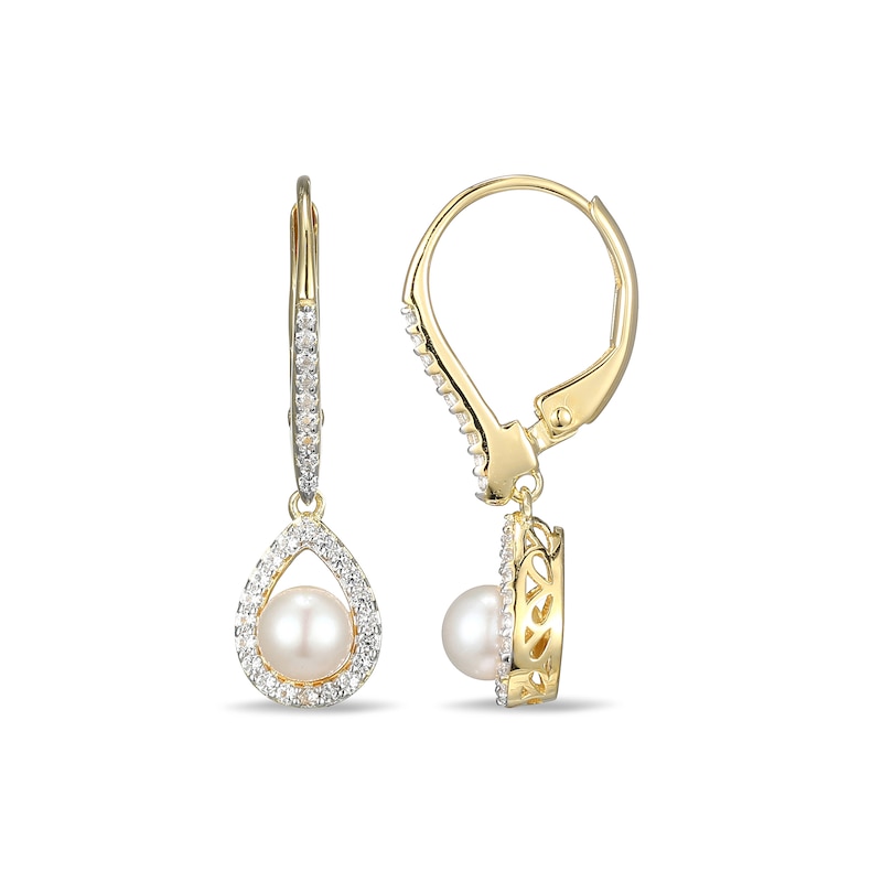 Main Image 2 of 4.5-5.0mm Freshwater Cultured Pearl and White Lab-Created Sapphire Frame Drop Earrings in Sterling Silver with 18K Gold Plate