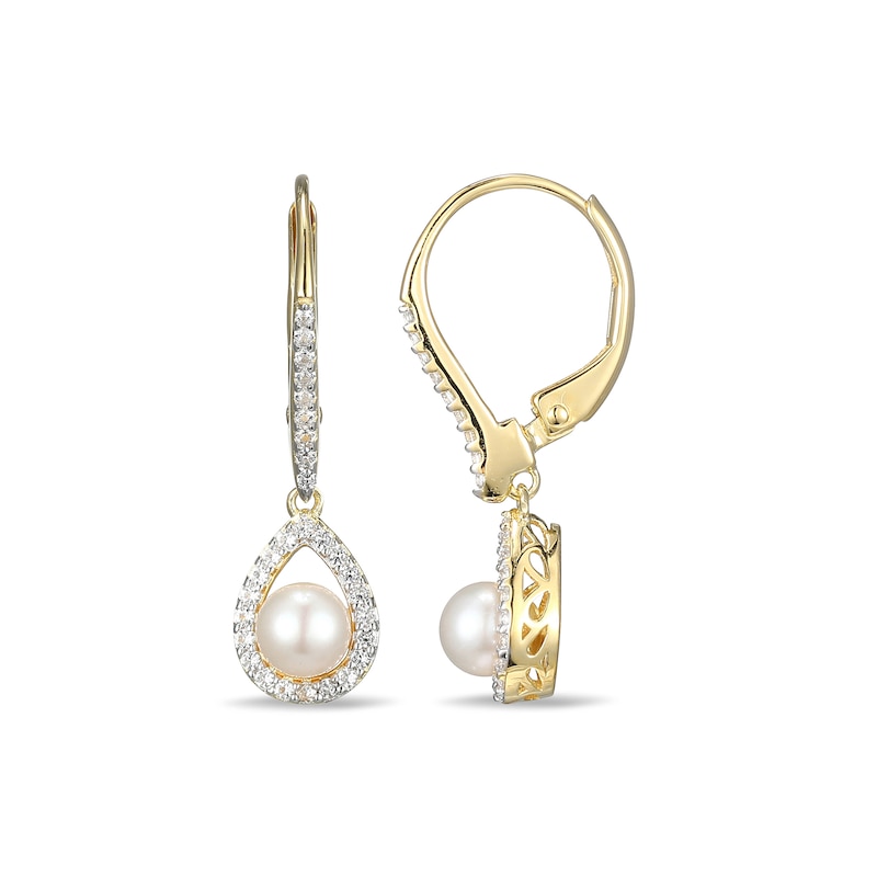 4.5-5.0mm Cultured Freshwater Pearl and White Lab-Created Sapphire Frame Drop Earrings in Sterling Silver with 18K Gold Plate