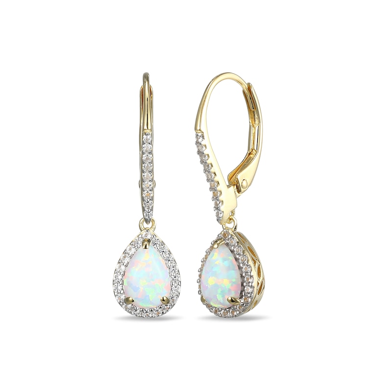 Main Image 1 of Pear-Shaped Lab-Created Opal and White Sapphire Frame Drop Earrings in Sterling Silver with 18K Gold Plate