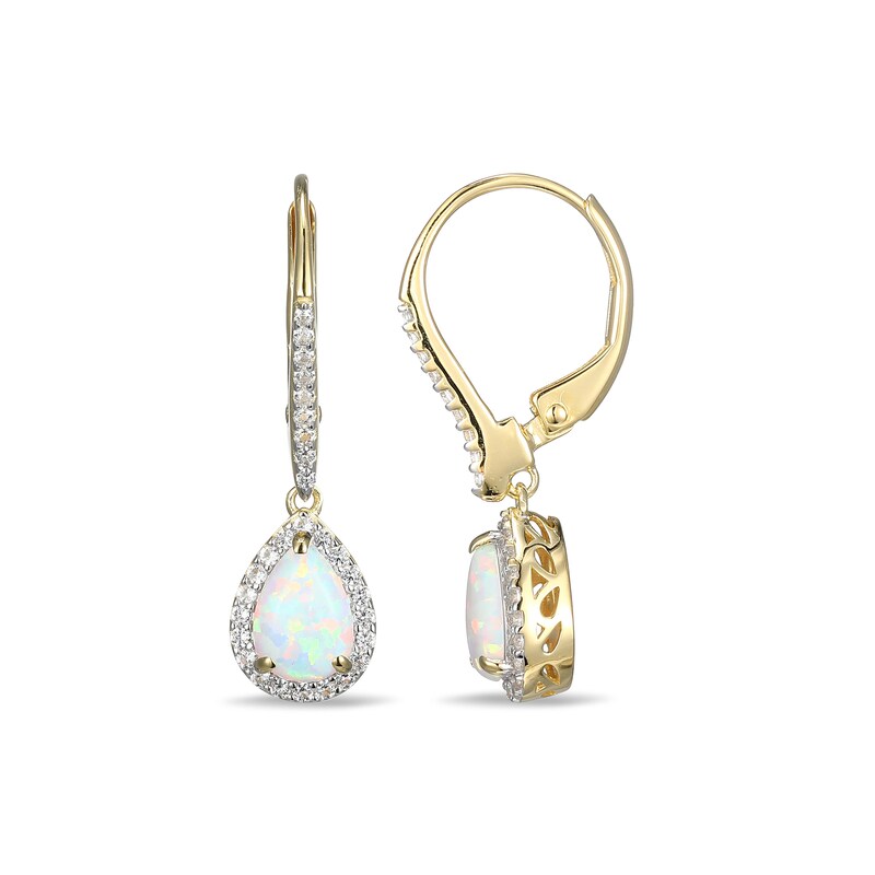 Main Image 2 of Pear-Shaped Lab-Created Opal and White Sapphire Frame Drop Earrings in Sterling Silver with 18K Gold Plate