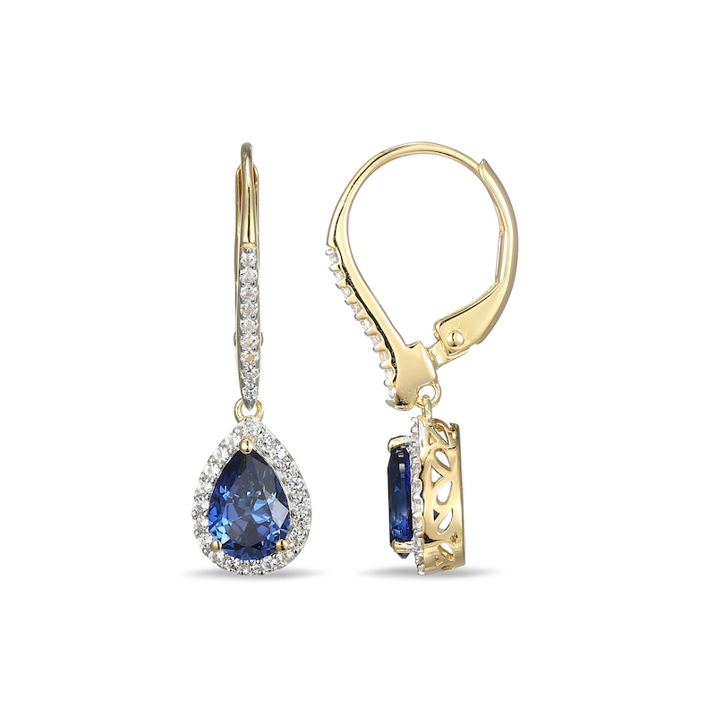 Main Image 2 of Pear-Shaped Lab-Created Blue and White Sapphire Frame Drop Earrings in Sterling Silver with 18K Gold Plate