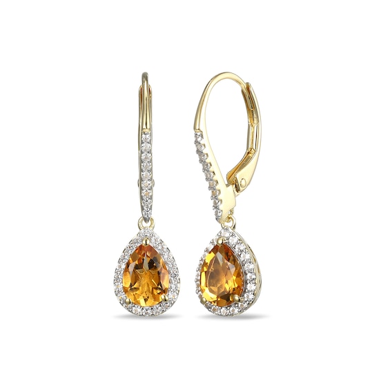 Pear-Shaped Citrine and White Lab-Created Sapphire Frame Drop Earrings in Sterling Silver with 18K Gold Plate