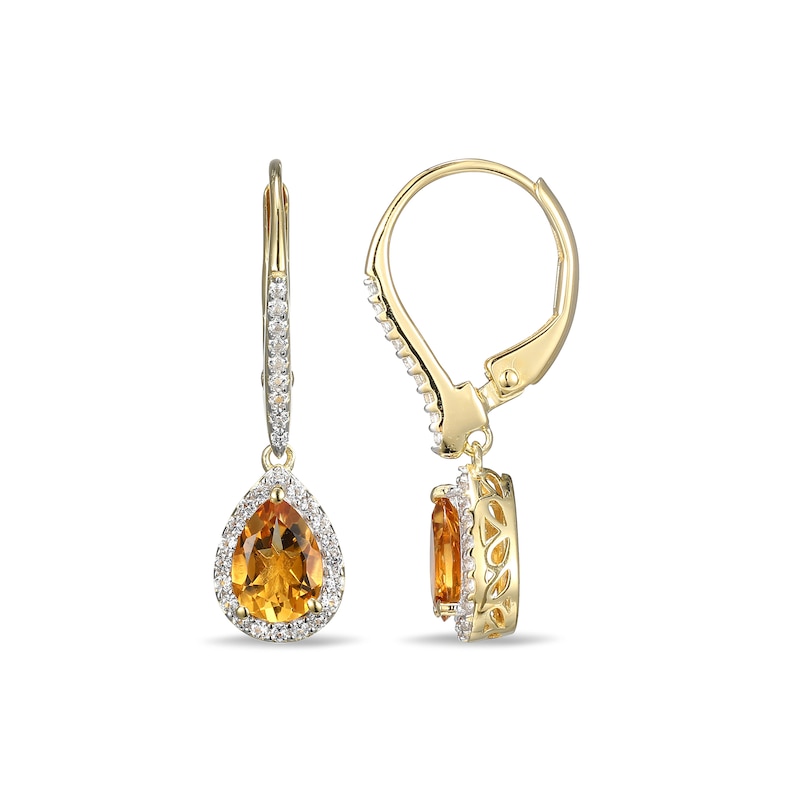 Main Image 2 of Pear-Shaped Citrine and White Lab-Created Sapphire Frame Drop Earrings in Sterling Silver with 18K Gold Plate