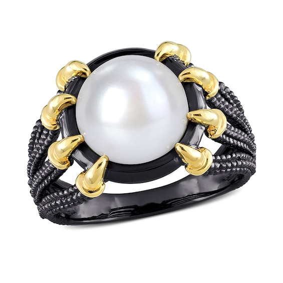Menâs 10.5-11.0mm Freshwater Cultured Pearl Multi-Row Claw Ring in Two-Tone Sterling Silver