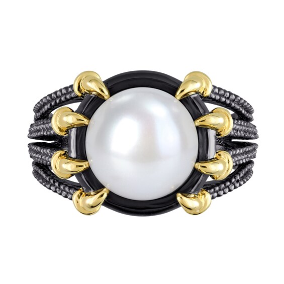 Menâs 10.5-11.0mm Freshwater Cultured Pearl Multi-Row Claw Ring in Two-Tone Sterling Silver