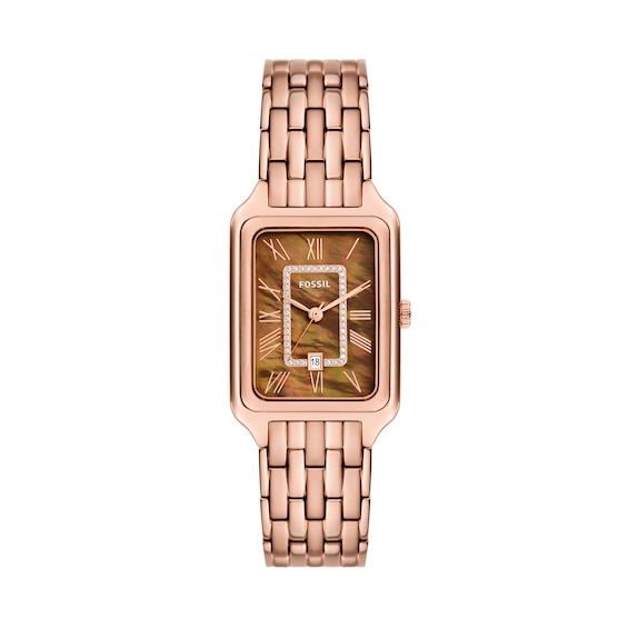 Ladies' Fossil Raquel Crystal Accent Rose-Tone IP Watch with Rectangular Brown Dial (Model: Es5323)