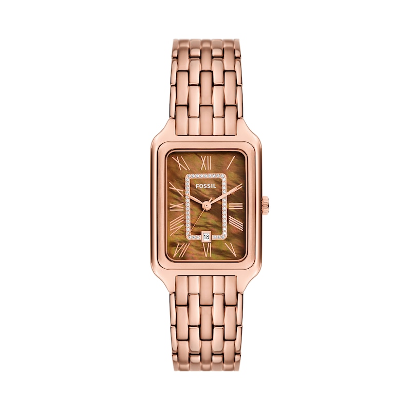 Ladies' Fossil Raquel Crystal Accent Rose-Tone IP Watch with Rectangular Brown Dial (Model: ES5323)