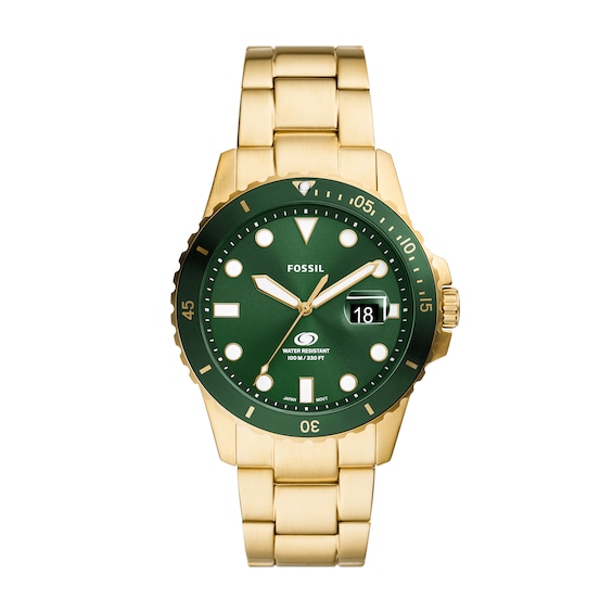 Men's Fossil Blue Dive Gold-Tone IP Watch with Green Dial (Model: Fs6030)