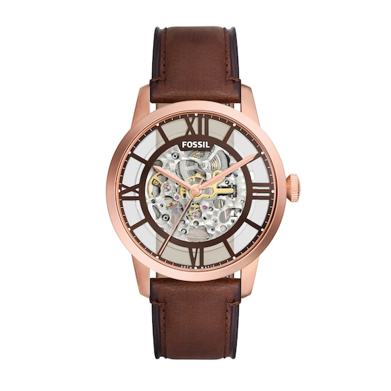 Men's Fossil Townsman Automatic Rose-Tone Brown Leather Strap Watch with Two-Tone Skeleton Dial (Model: Me3259)