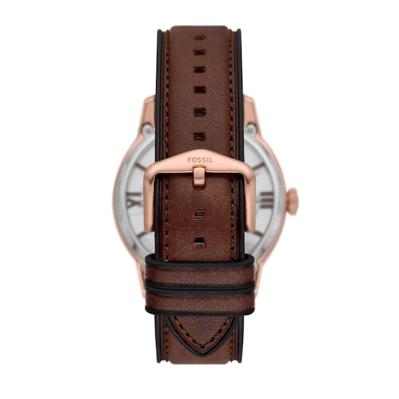 Men's Fossil Townsman Automatic Rose-Tone Brown Leather Strap Watch with Two-Tone Skeleton Dial (Model: Me3259)