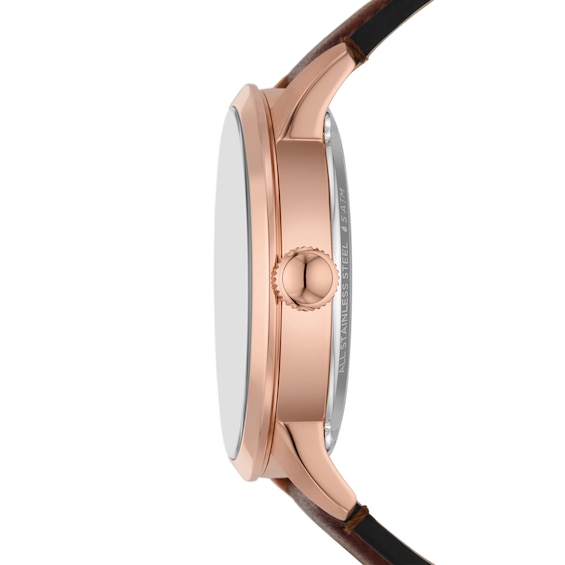 Men's Fossil Townsman Automatic Rose-Tone Brown Leather Strap Watch with Two-Tone Skeleton Dial (Model: Me3259)