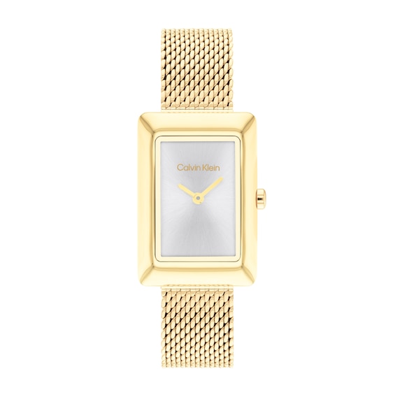 Ladiesâ Calvin Klein Gold-Tone IP Mesh Watch with Rectangular Silver-Tone Dial (Model: 25200396)