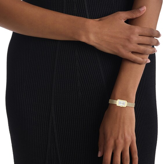 Ladiesâ Calvin Klein Gold-Tone IP Mesh Watch with Rectangular Silver-Tone Dial (Model: 25200396)