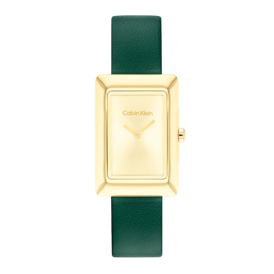 Ladies\' Calvin Klein Strap Watch Green Dial Leather Rectangular (Model: Zales Gold-Tone with IP 25200397) 