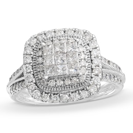 1 CT. T.W. Princess-Cut Multi-Diamond Layered Frame Split Shank Vintage-Style Engagement Ring in 10K White Gold