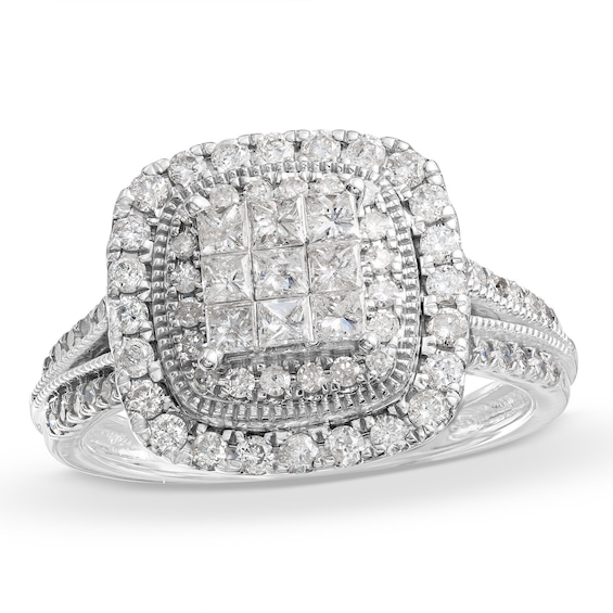 1 CT. T.w. Princess-Cut Multi-Diamond Layered Frame Split Shank Vintage-Style Engagement Ring in 10K White Gold