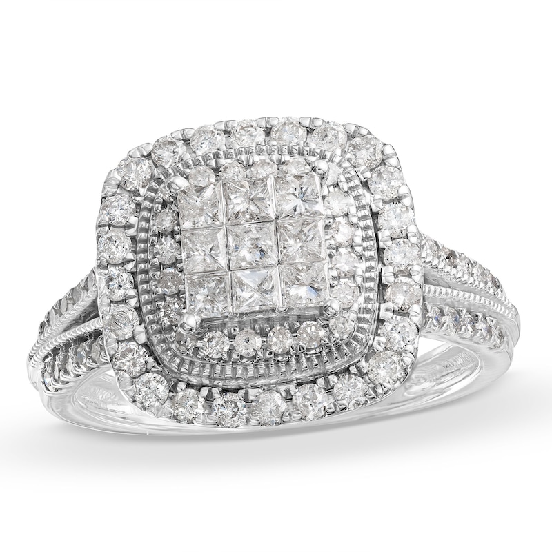 Main Image 1 of 1 CT. T.W. Princess-Cut Multi-Diamond Layered Frame Split Shank Vintage-Style Engagement Ring in 10K White Gold